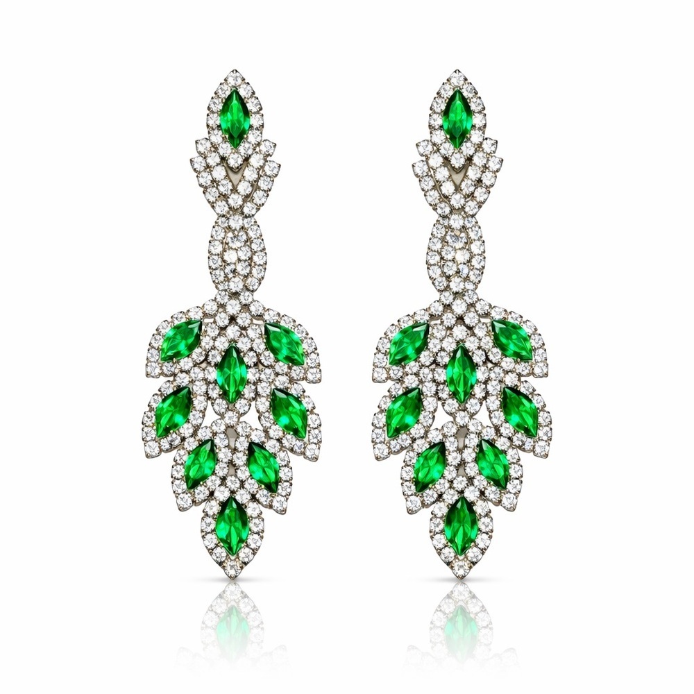 ⚜️ Emerald Leaf Drop Earrings - Green Crystal Statement Earrings